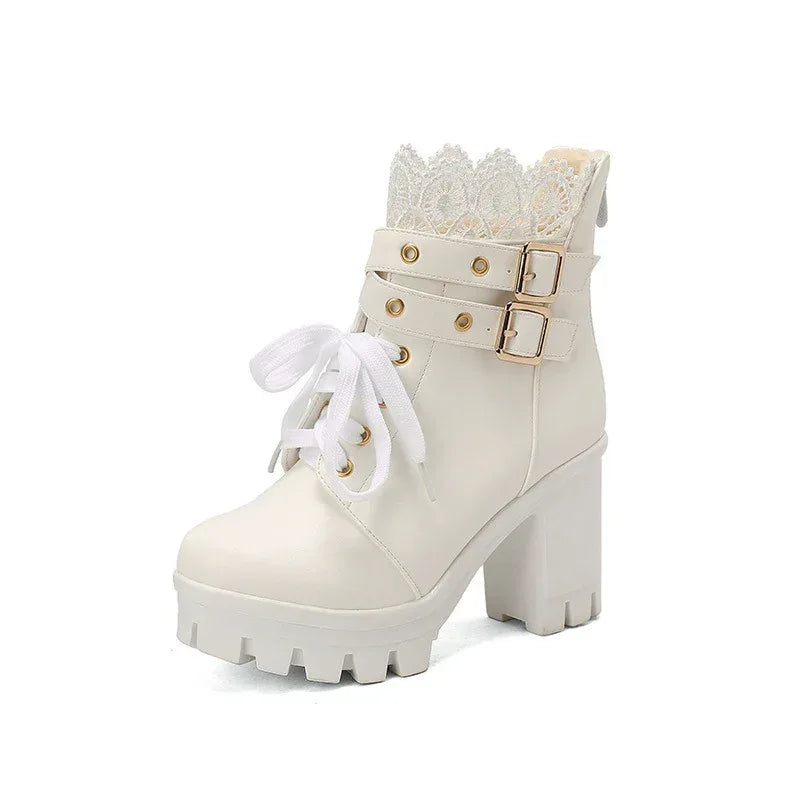 Princess Lace Up Belt Buckle Boots - Viexta