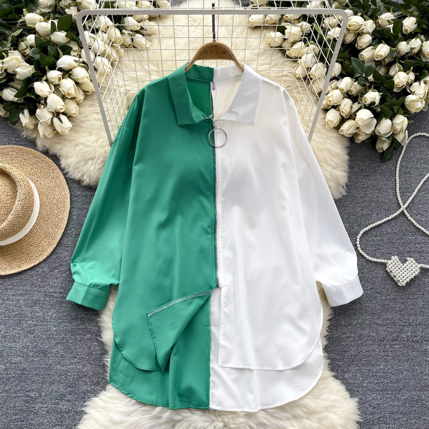 Idle Style Mid-length Color Matching Shirt