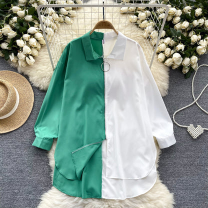 Idle Style Mid-length Color Matching Shirt