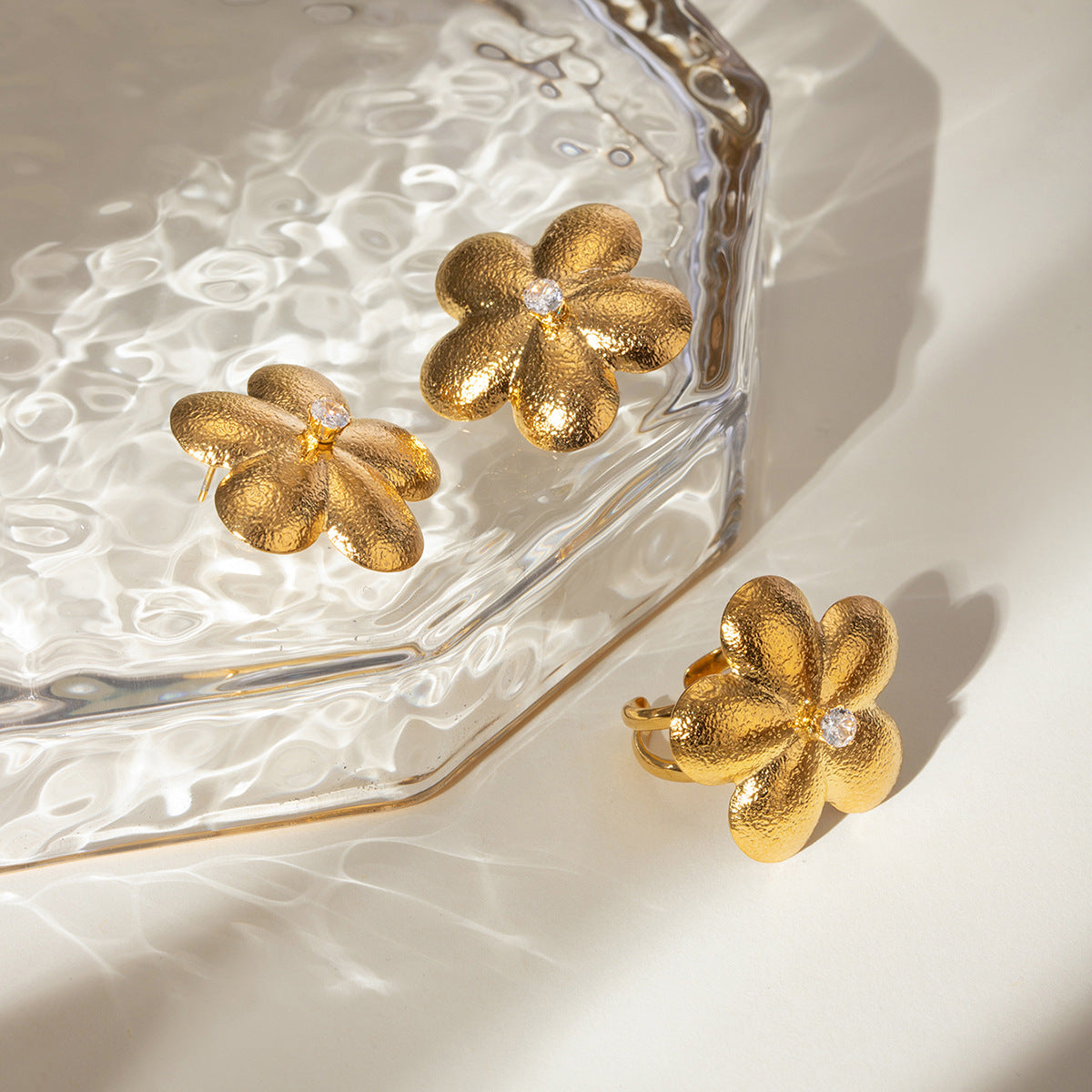 18K Stainless Steel Brushed Flower Rhinestone Earrings