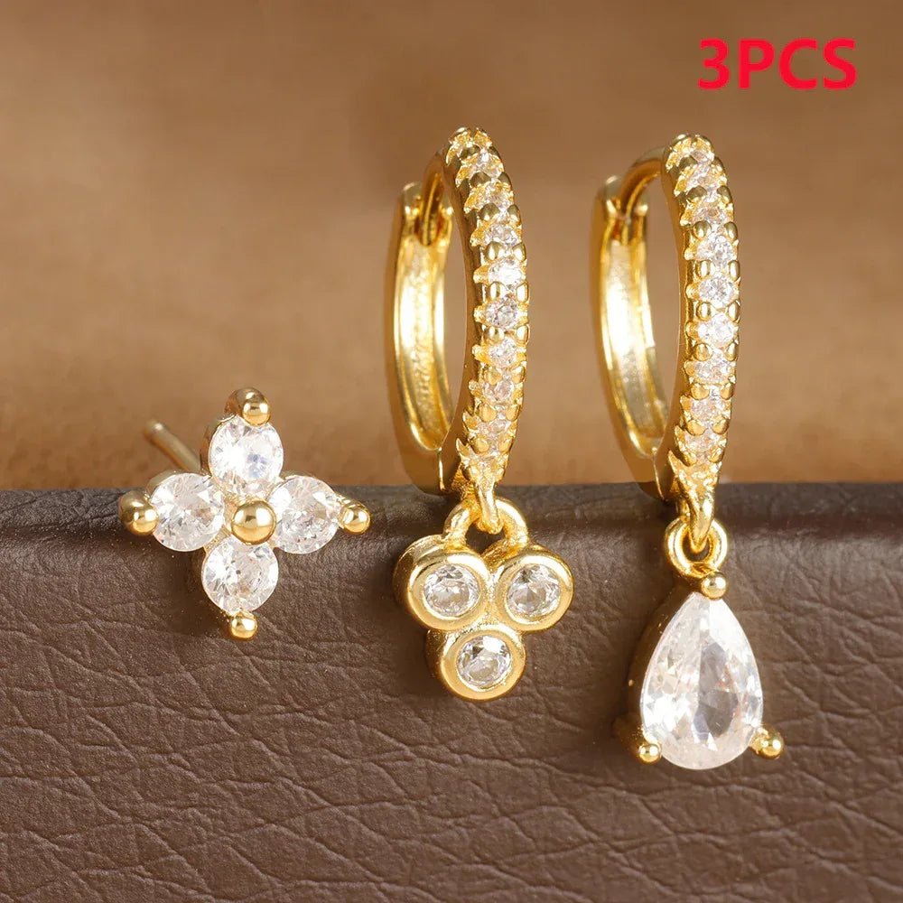 3piece Luxury Flowers Zircon Plated Studs - Viexta