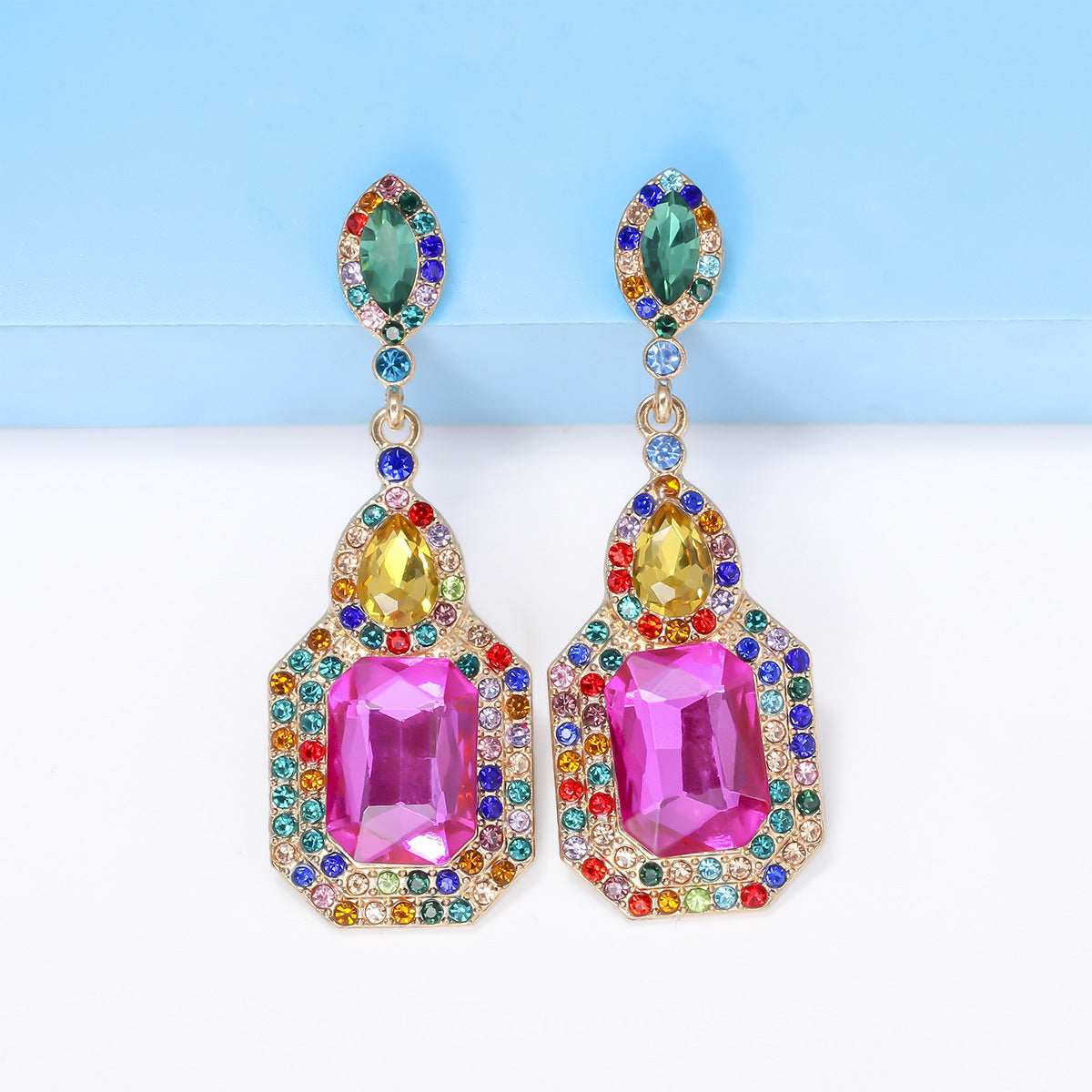 Geometric Colorful Crystals Inlaid Earrings Vintage Earrings