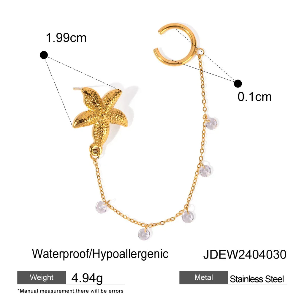 18K Gold Stainless Steel Single Starfish Rhinestone Ear Clip - Viexta