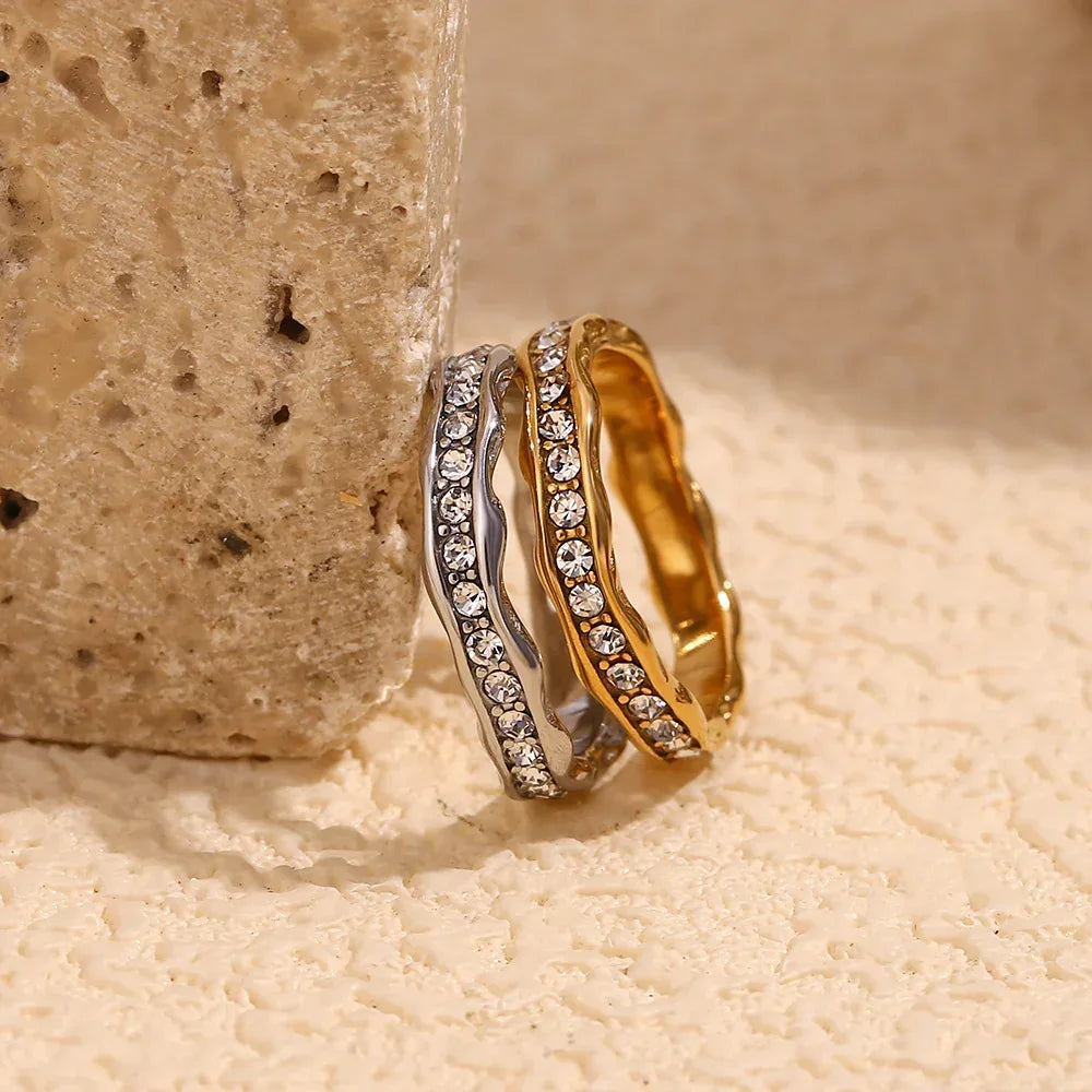 Stainless Steel Gold Plating Wave Diamond Ring - Viexta