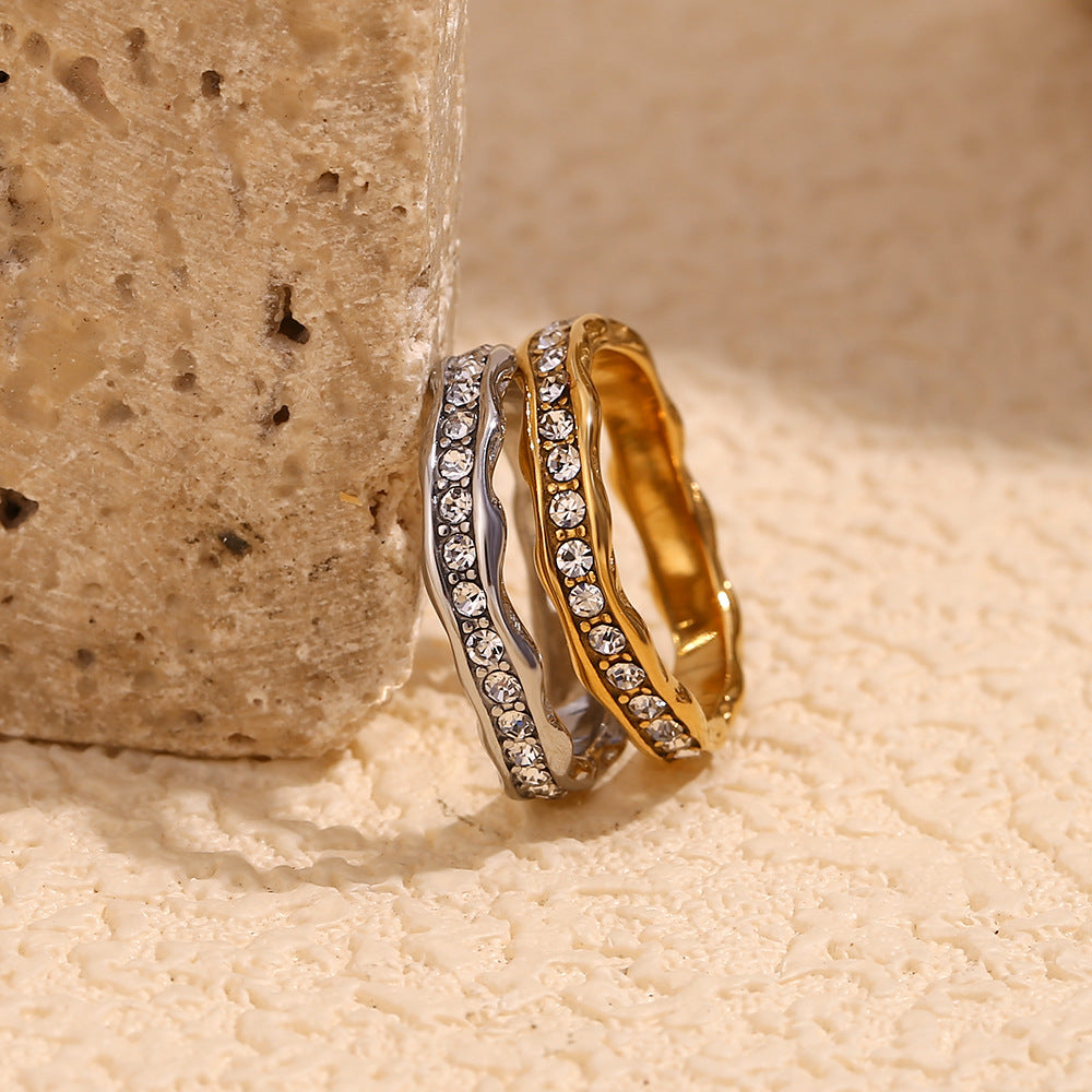 Stainless Steel Gold Plating Wave Diamond Ring