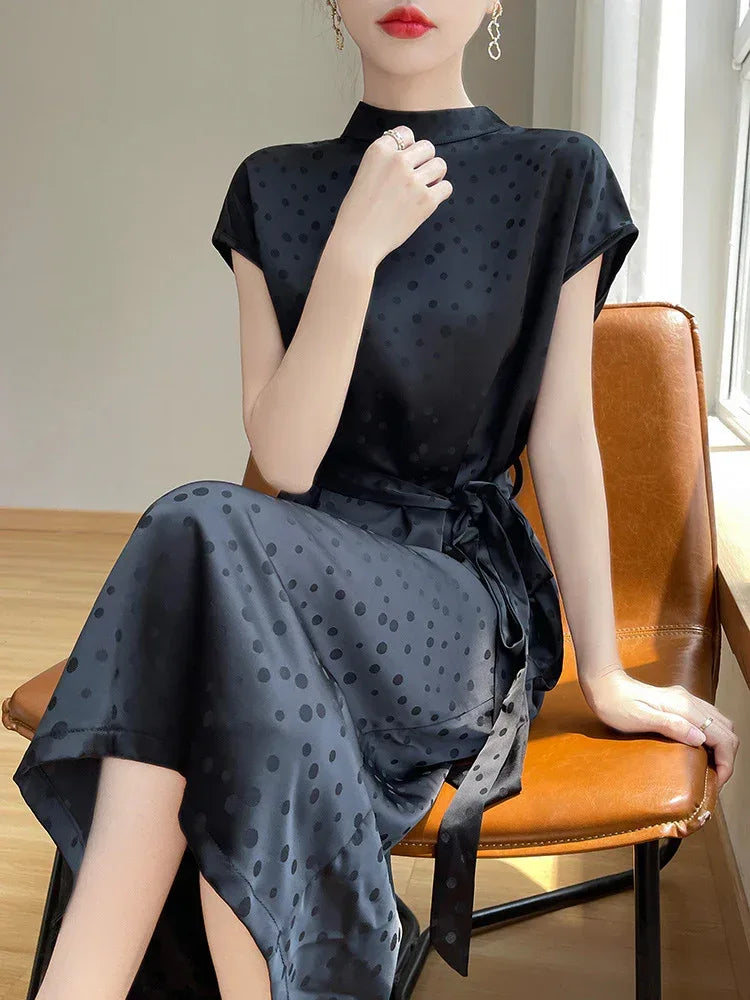 Satin High-grade Polka Dot Turtleneck Acetic Dress - Viexta
