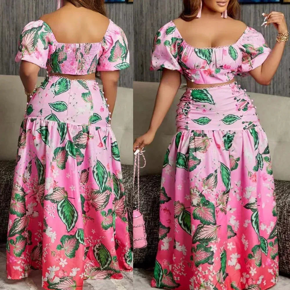 Casual Wild Leaves Gradient Printing Two-piece Dress - Viexta