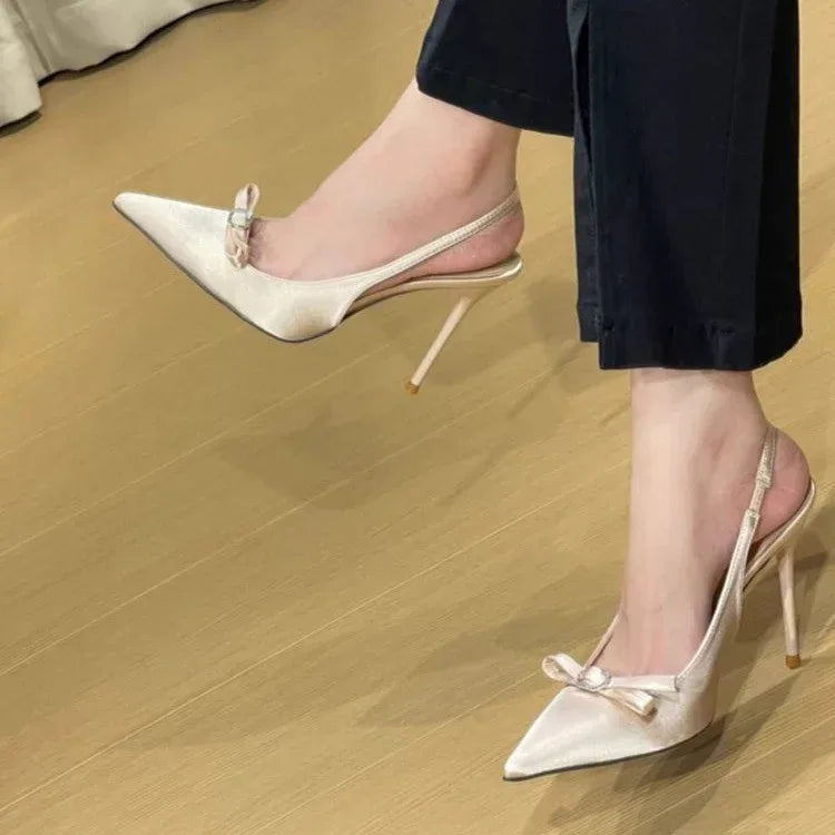 Stiletto Nude Color Low-cut Bowknot Pointed Heels - Viexta