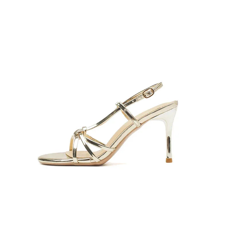 Gold Thin Round Toe High Heels - Viexta