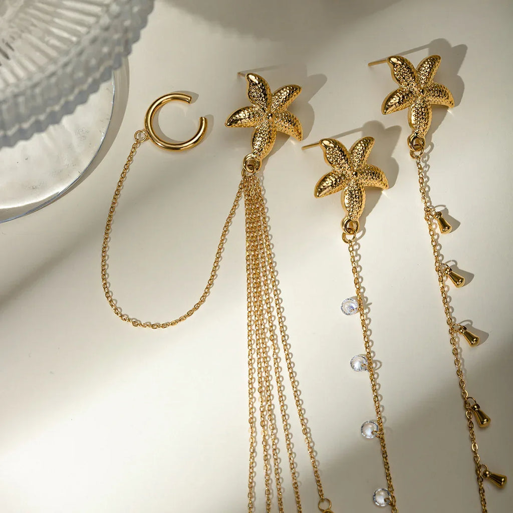 18K Gold Stainless Steel Single Starfish Rhinestone Ear Clip - Viexta