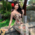 Printed Ruffled Spaghetti Straps Dress - Viexta