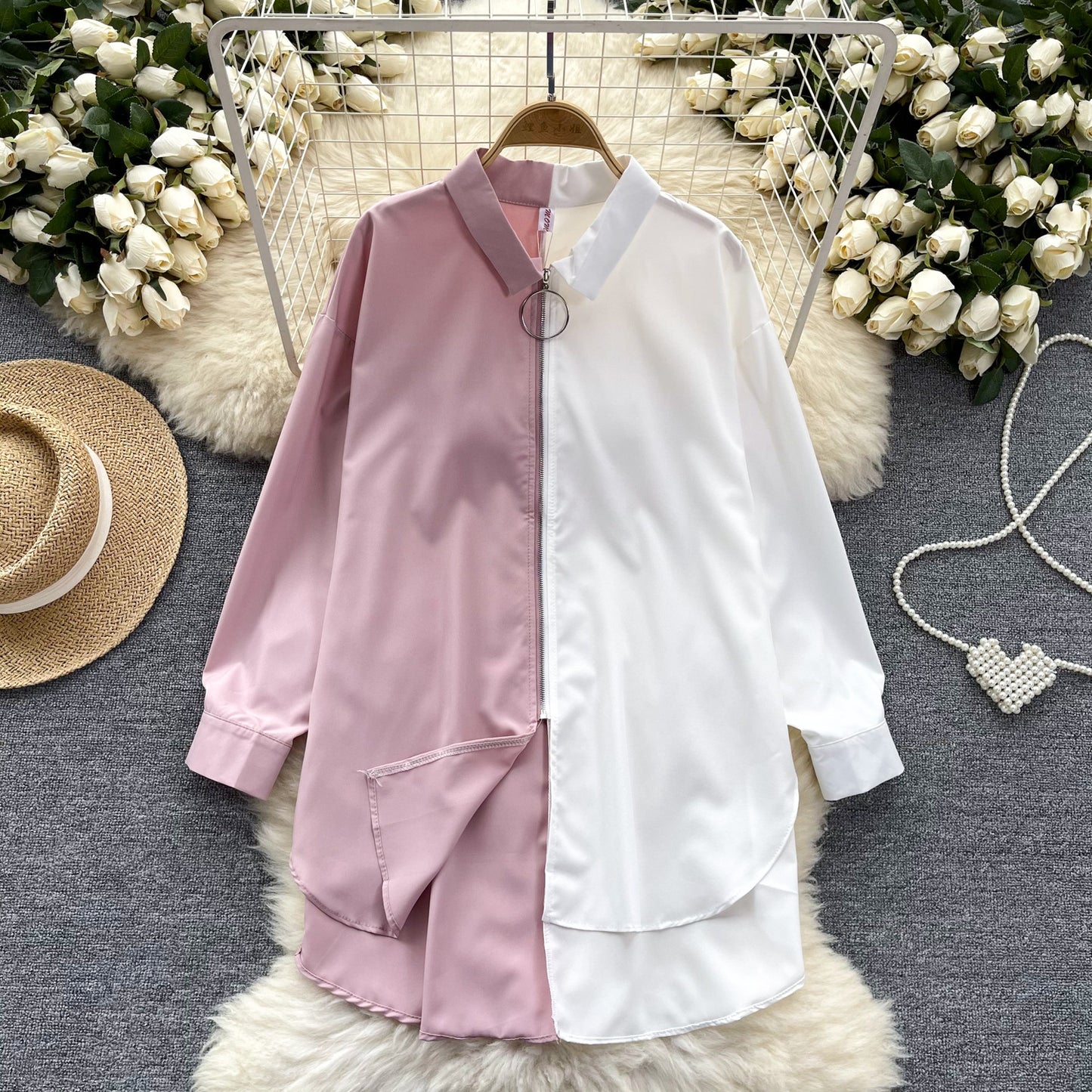 Idle Style Mid-length Color Matching Shirt