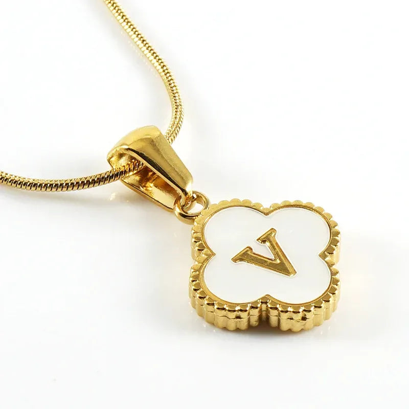 Stainless Steel Clover Shell Letter Pendant with Chain - Viexta