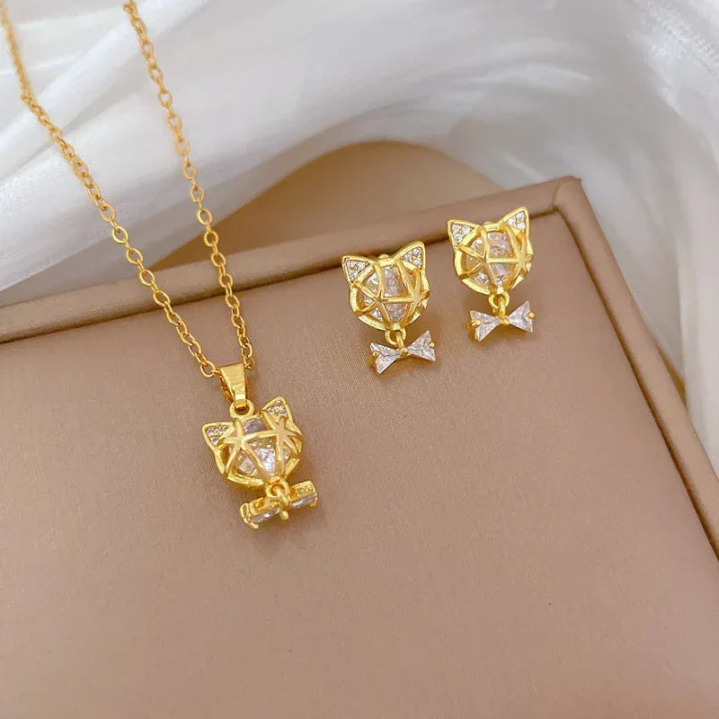 Full Diamond Bow Cat Earrings - Viexta