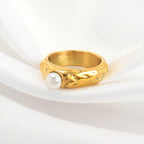 18K Gold-plated Round Surface Inlaid Pearl Ring