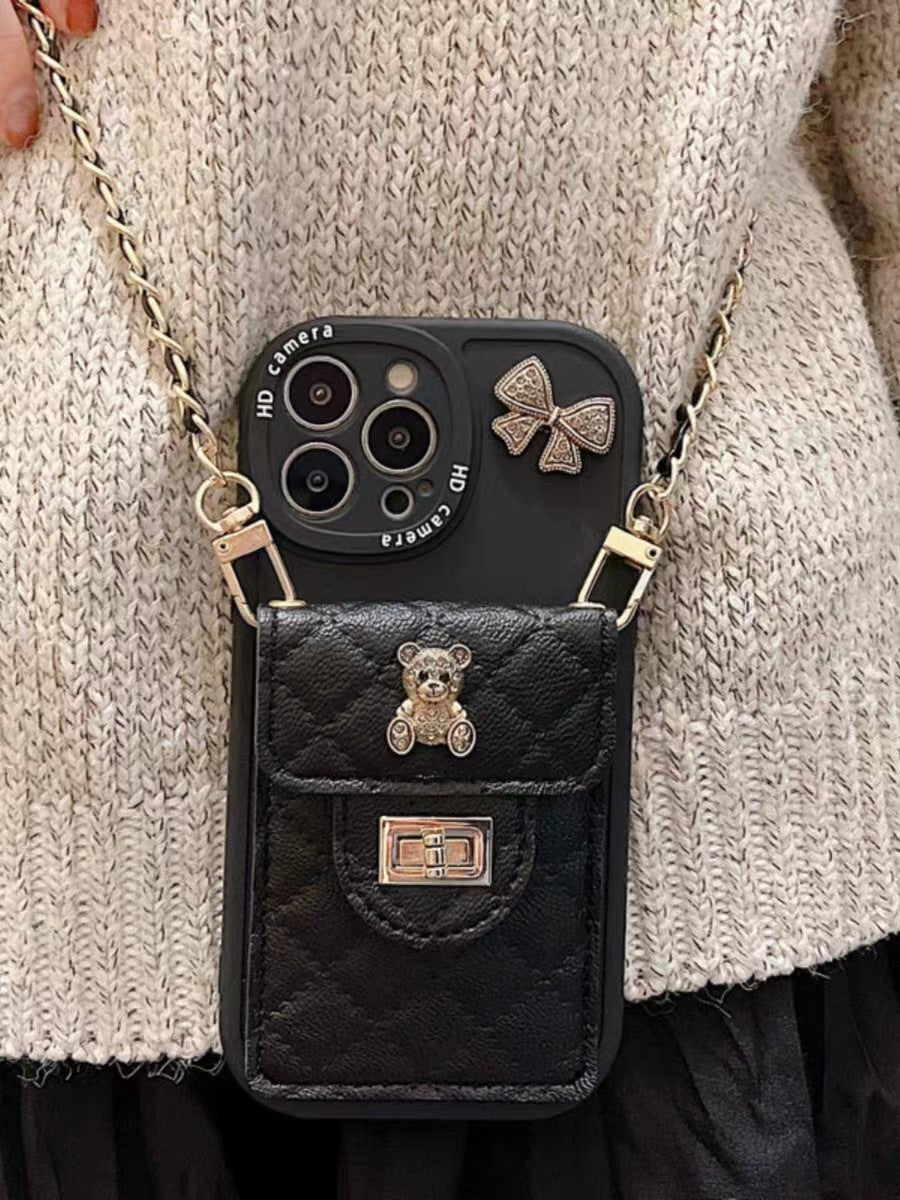 Metal Bow Bear Rhombus Card Holder iPhone Case