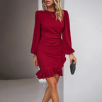 Women's Puff Long Sleeve Fashion Graceful Solid Color Slim Hip-covering Short Dress Womens Clothing - Viexta