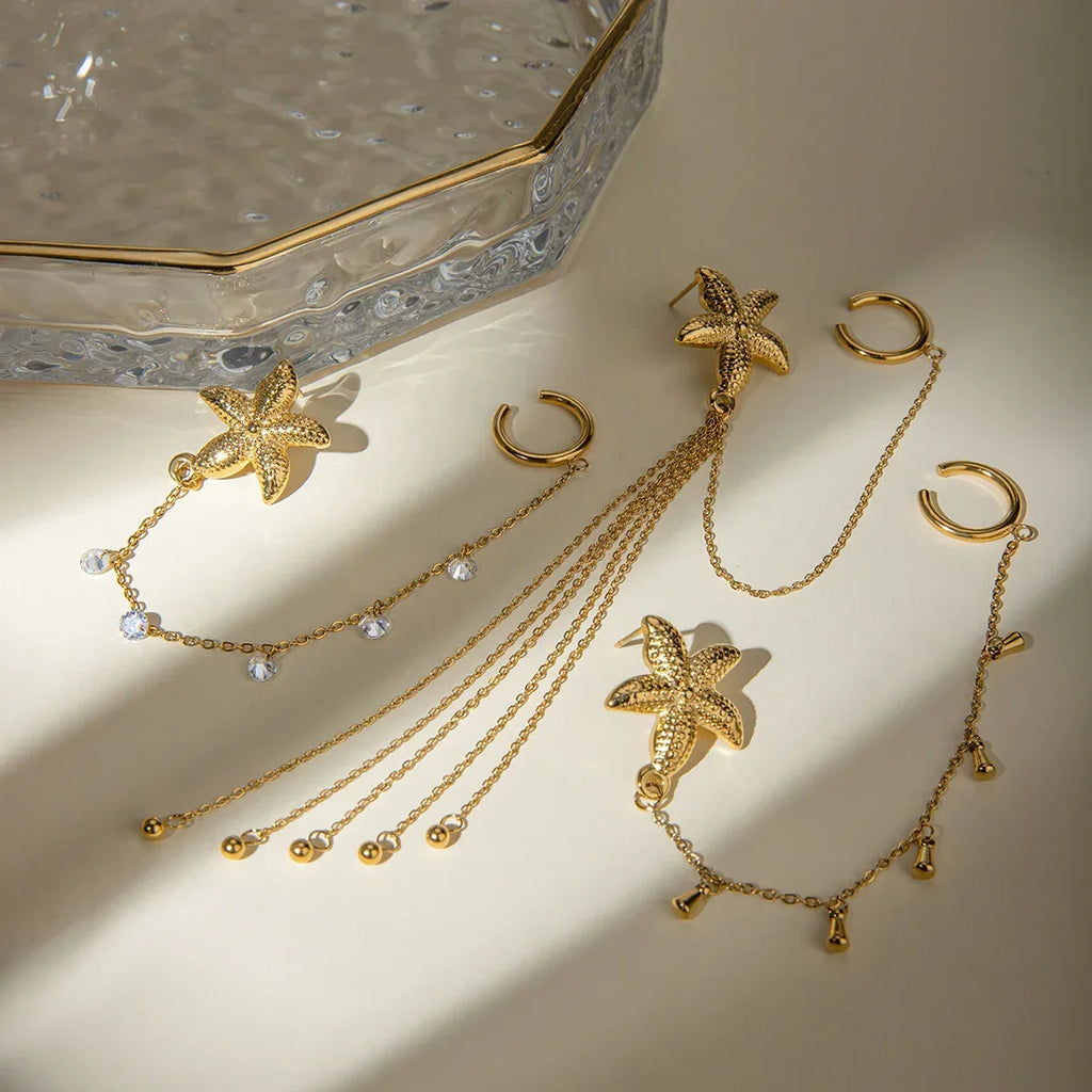 18K Gold Stainless Steel Single Starfish Rhinestone Ear Clip - Viexta