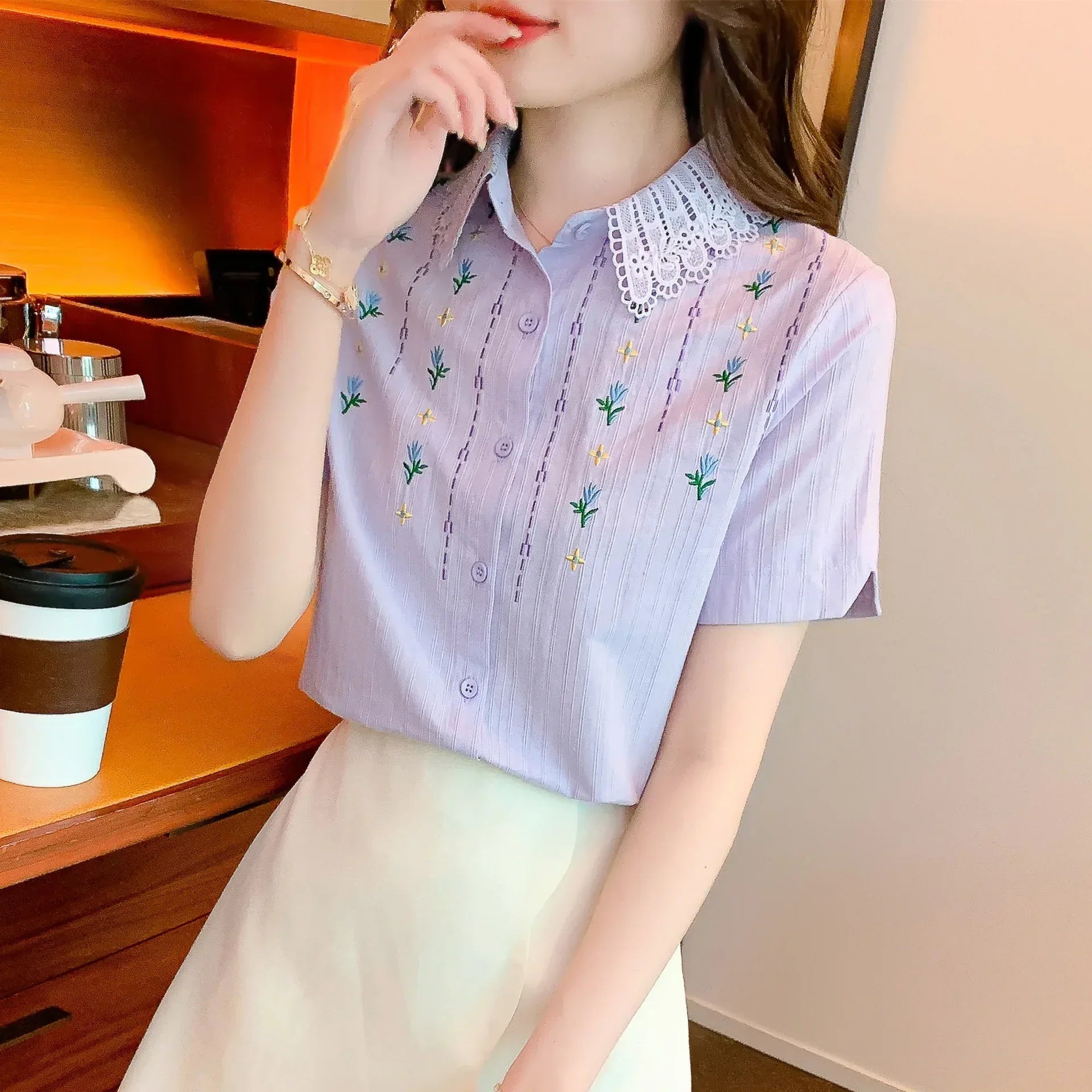 Cotton Embroidered Short-sleeved Top - Viexta