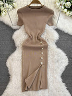 Solid Color Round Neck Knitted Slit Sheath Dress - Viexta
