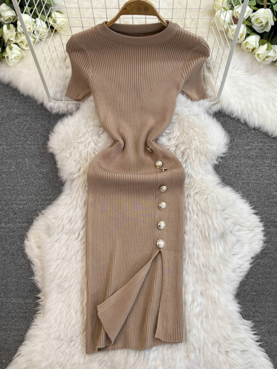 Solid Color Round Neck Knitted Slit Sheath Dress