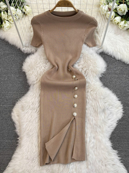 Solid Color Round Neck Knitted Slit Sheath Dress