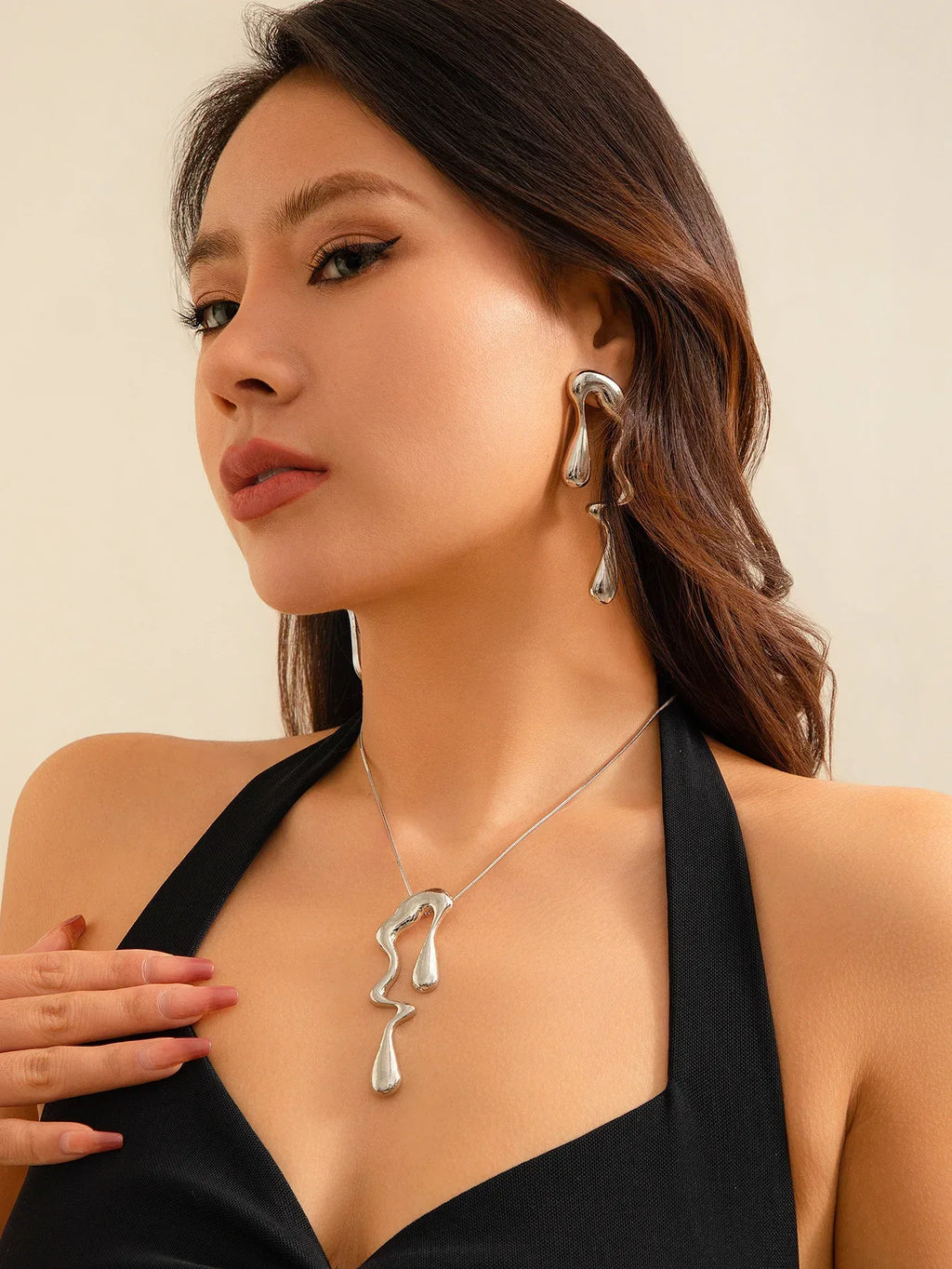 Liquid Metallic Irregular Water Drop Necklace/Earrings - Viexta