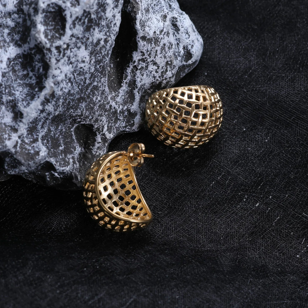Water Drop Round Crescent Hollow Stainless Steel Earrings - Viexta