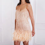 V-neck Strap Feather Stitching Dress - Viexta