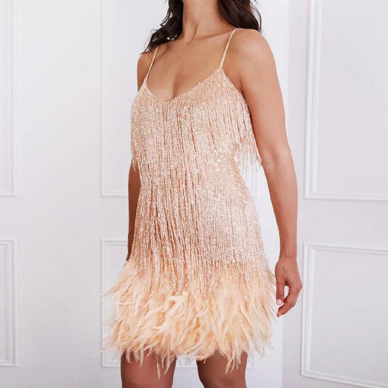 V-neck Strap Feather Stitching Dress - Viexta