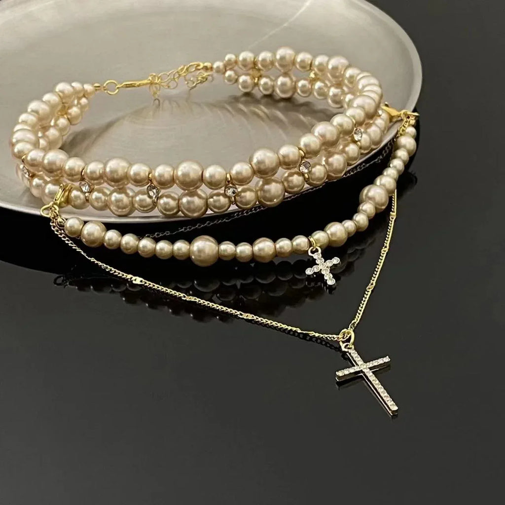 Women's Multi-layer Pearl Cross Necklace - Viexta