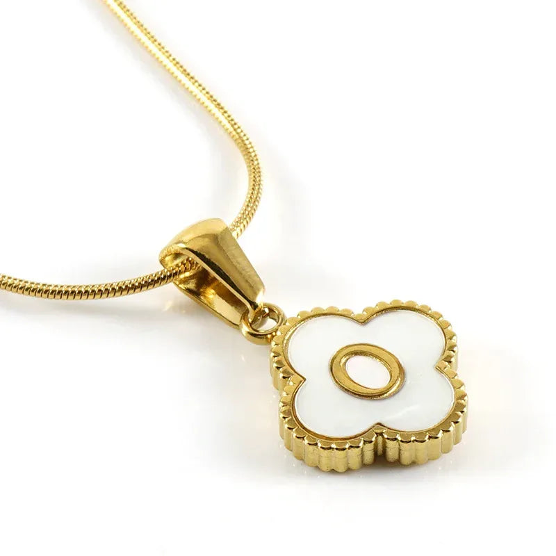 Stainless Steel Clover Shell Letter Pendant with Chain - Viexta
