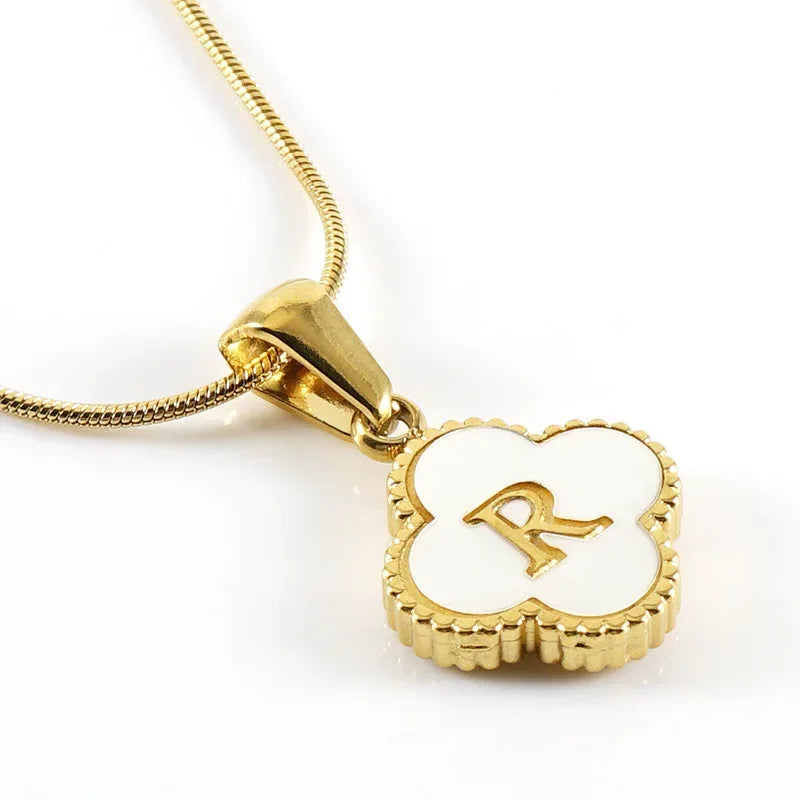 Stainless Steel Clover Shell Letter Pendant with Chain - Viexta