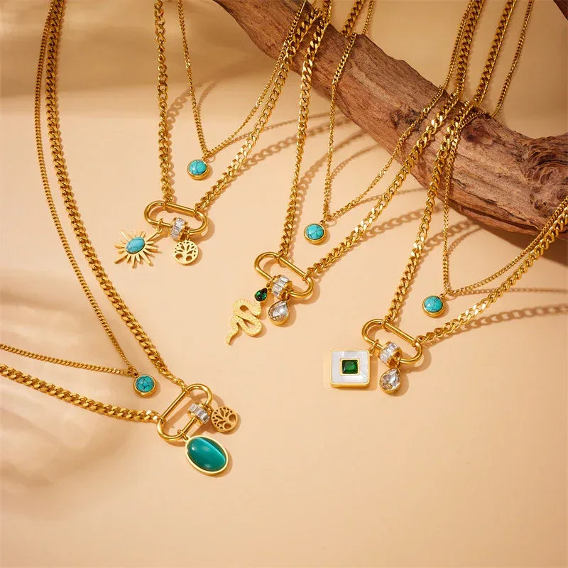 Double-layer Stainless Steel Turquoise Necklace - Viexta