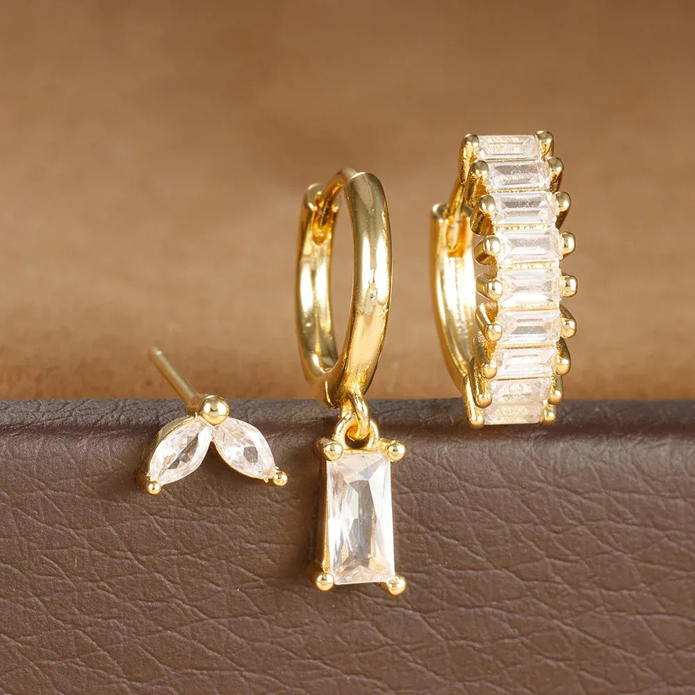 3 piece set Rectangular Zircon Earrings - Viexta