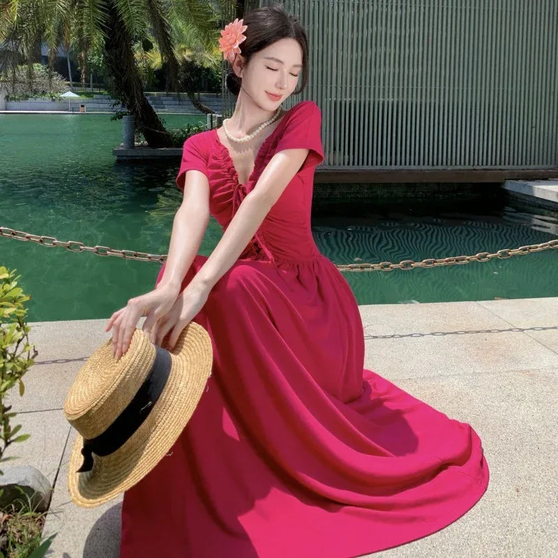 Berry Sweet Sauce Elegant White Pitaya Red Dress - Viexta