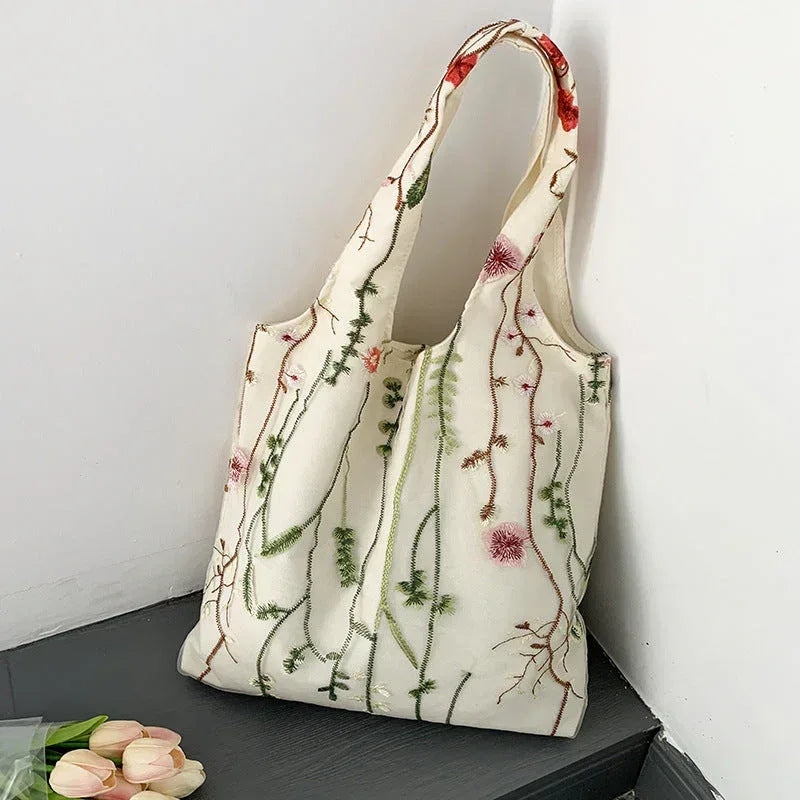 Embroidered Black Butterfly Canvas Bag - Viexta