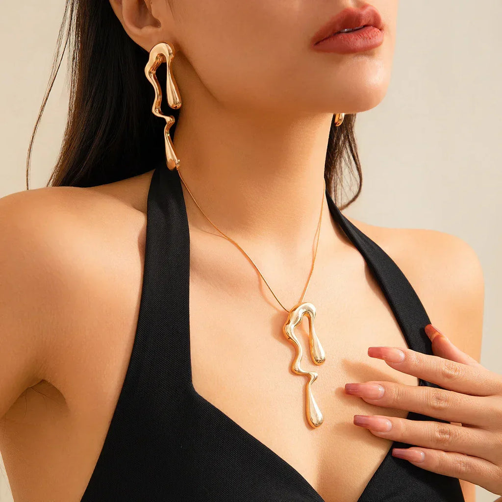 Liquid Metallic Irregular Water Drop Necklace/Earrings - Viexta