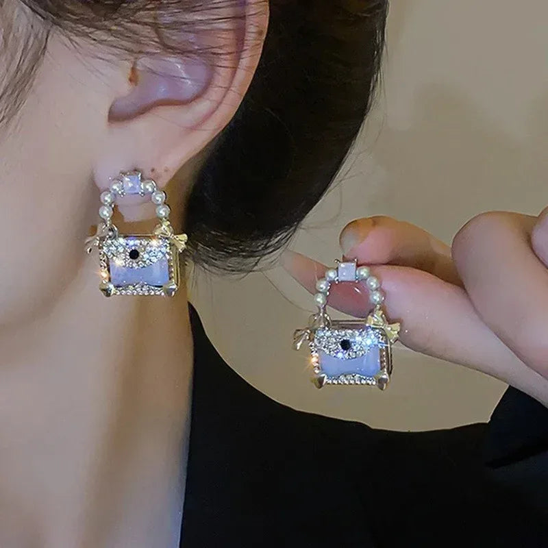 Jelly Square Crystal Bow Silver Stud Earrings - Viexta