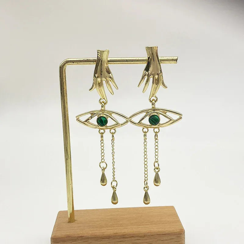 Retro Exaggerated Finger Turquoise Eyes Tassel Earrings - Viexta