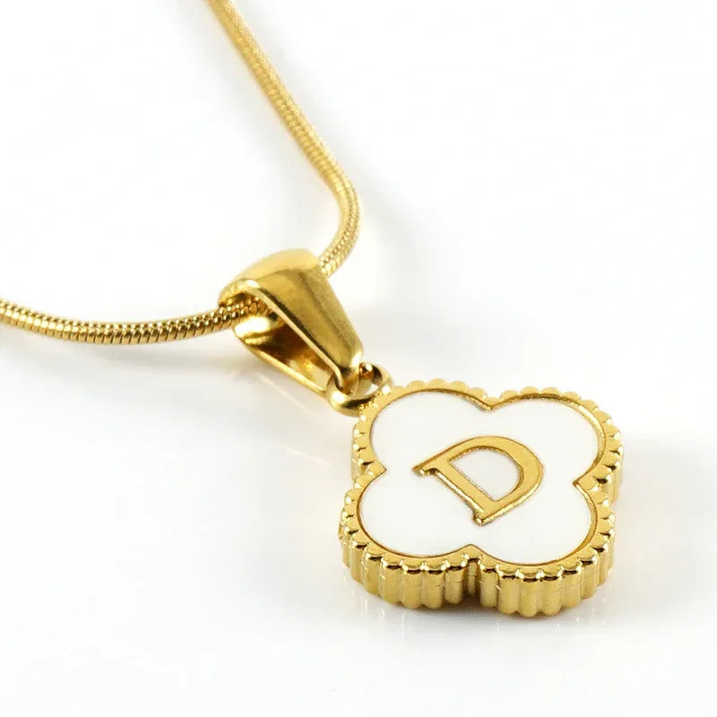 Stainless Steel Clover Shell Letter Pendant with Chain - Viexta