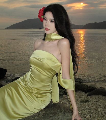 Acetate Satin Yellow Tube Dress withScarf