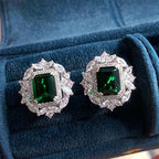 Full Diamond Inlaid Rectangular Rhinestone Flower Ear Studs - Viexta