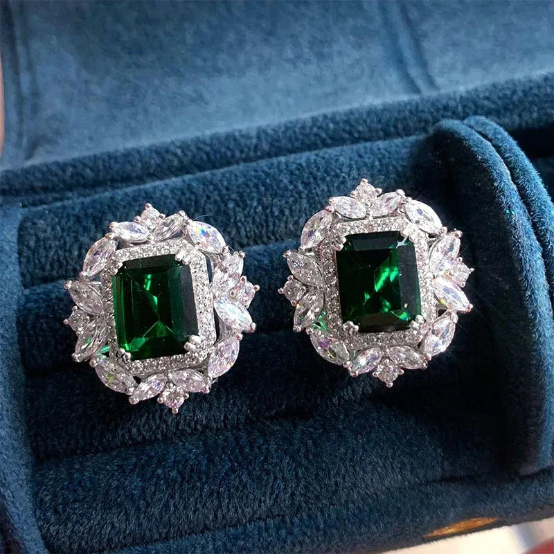 Full Diamond Inlaid Rectangular Rhinestone Flower Ear Studs - Viexta