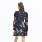 Printed Long Sleeve Waist Ruffles Dress - Viexta