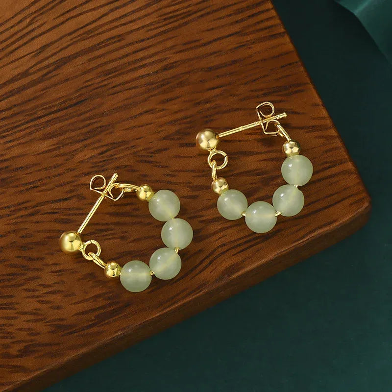 Retro Green Beads String Stud Earrings - Viexta
