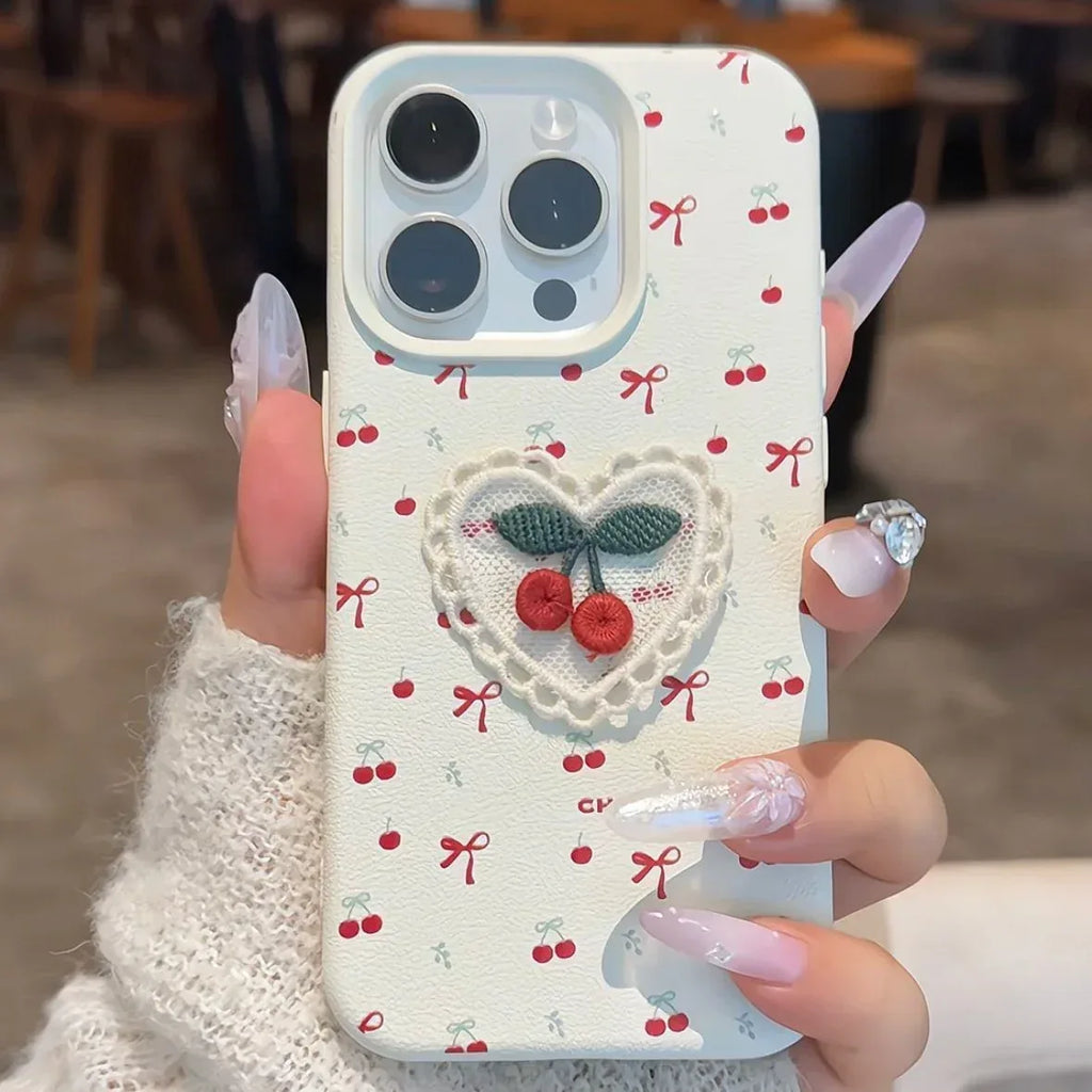 Korean Embroidered Cherry iPhone Case - Viexta
