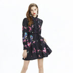 Printed Long Sleeve Waist Ruffles Dress - Viexta