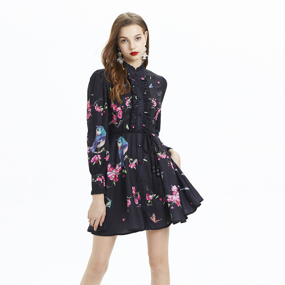 Printed Long Sleeve Waist Ruffles Dress