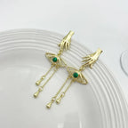 Retro Exaggerated Finger Turquoise Eyes Tassel Earrings - Viexta